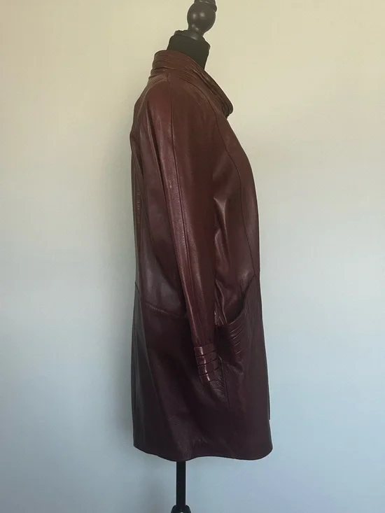 Vintage 1980s Buttery Soft Leather Coat | Funnel Neck | Burgundy - Picture 6 of 12